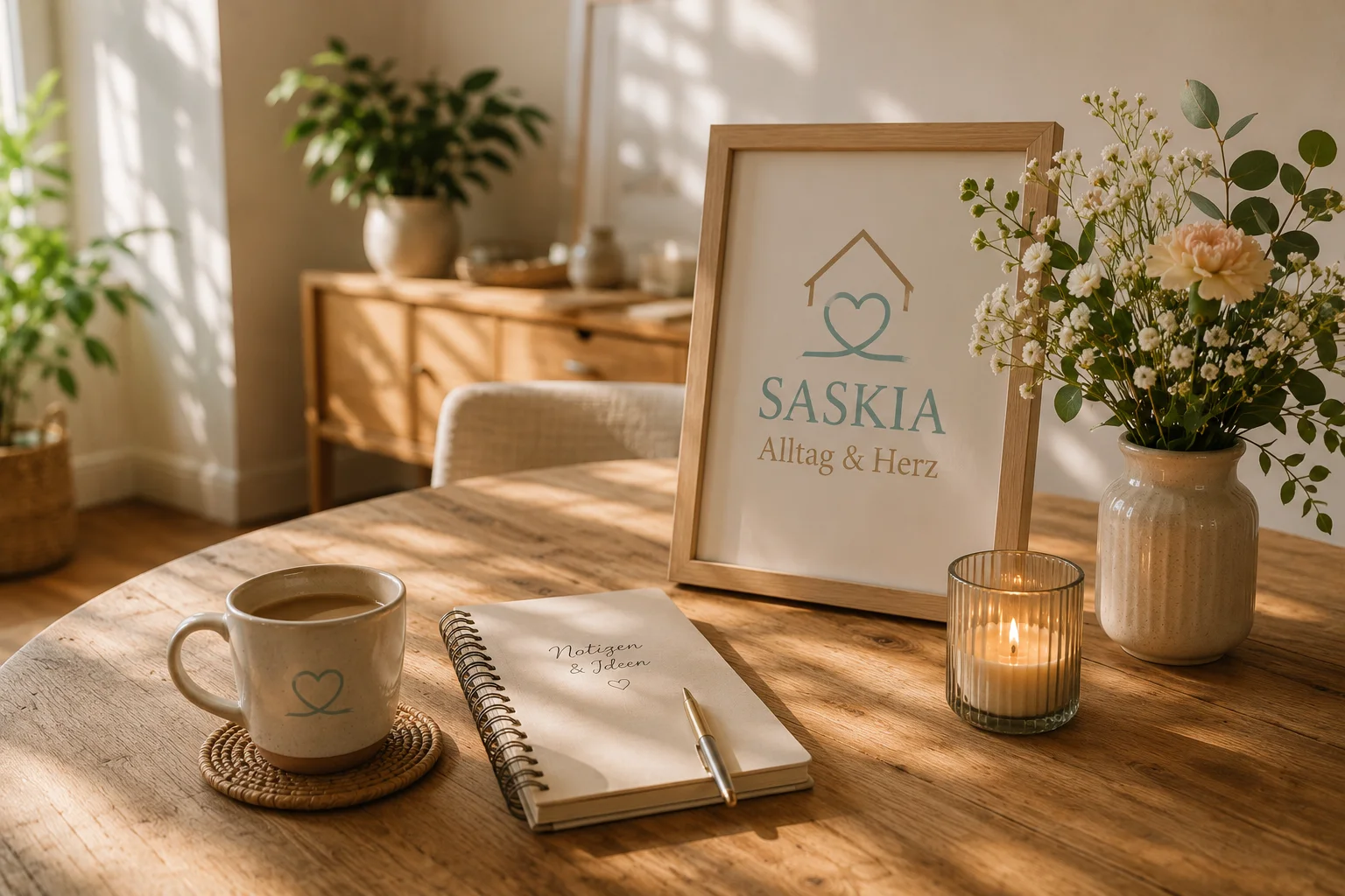 Ein warmer, heller Wohnraum mit Blumen, Notizbuch und dem Logo von Saskia – Alltag & Herz